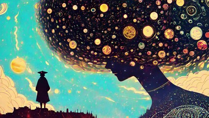 Suitable for content illustration like religion, meditation, science. Mystical surrealism conceptual abstract fantasy art, state of mind, astrological horoscope, universe, cosmos, healing therapy, etc