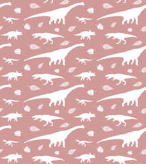 Vector seamless pattern of flat hand drawn different dinosaur silhouette isolated on pink background