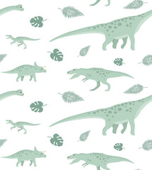 Vector seamless pattern of flat hand drawn different dinosaur isolated on white background