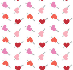 Vector seamless pattern of flat colored heart with arrow isolated on white background
