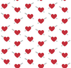 Vector seamless pattern of flat heart with arrow isolated on white background