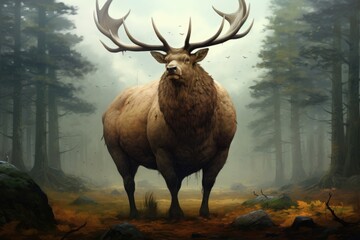A fat moose is standing in forest. Animal obesity. Ecology. - obrazy, fototapety, plakaty