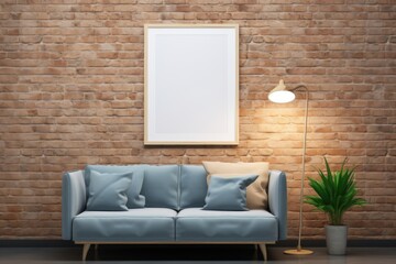 Modern living room interior with empty poster on brick wall. Mock up