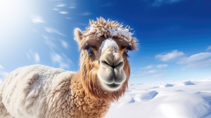 Closeup of camel portrait in a snowy polar landscape