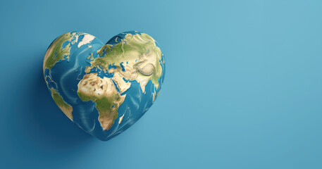 Closeup earth in the shape of heart isolated on blue background with space for copy