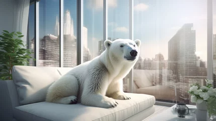Poster Closeup polar bear sitting on the sofa in a modern apartment © GulArt