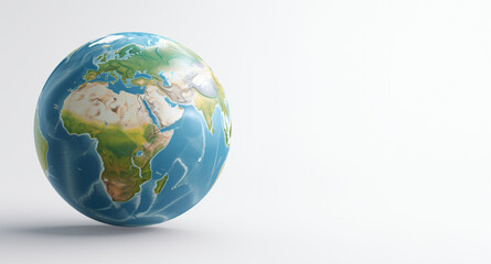 Closeup earth globe on isolated light pastel grey background with space for copy