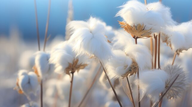 Closeup of a cotton plants with cotton balls against blue sky