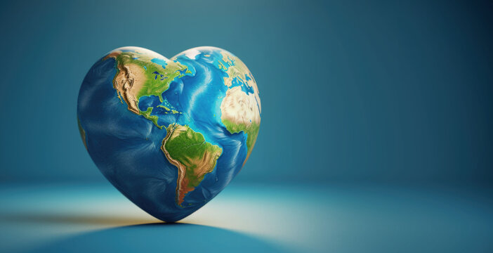 Closeup earth in the shape of heart isolated on blue background with space for copy - Powered by Adobe
