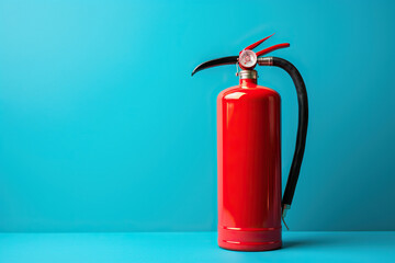 A red fire extinguisher stands on a blue background, space for text. Generated by artificial intelligence
