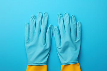 Blue protective gloves, an element of workwear on a blue background. Generated by artificial intelligence