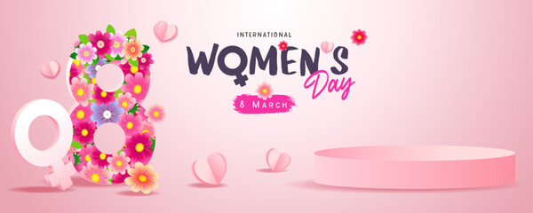 International Women's day banner for product demonstration. Pink pedestal or podium, number 8 with flowers and paper hearts on pink background. Vector illustration