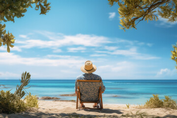 A retiree enjoying a serene moment by the beach, symbolizing the fulfillment and relaxation that comes with reaching the milestone of retirement. Generative Ai.