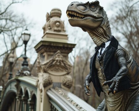 A dinosaur statue in a suit and tie. Generative AI.