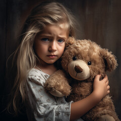 Portrait of a sad young girl hugging a teddy bear with a moody backdrop.