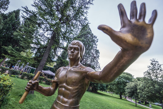 Mostar, Bosnia and Herzegovina - August 25, 2015: Bruce Lee statue in Mostar city park