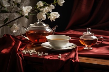 Fototapeta premium invigorating elegance: Kettle of tea, brewing, a cup of tranquil tea, capturing serenity and flavor in every sip, embracing the art of relaxation and timeless rituals