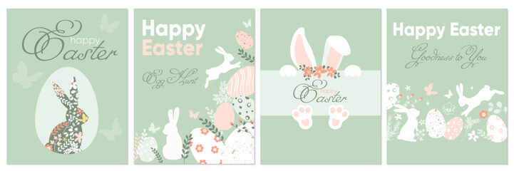Happy Easter Set festive posters, greeting cards, banners, holiday covers. Trendy vector design with cute hand drawn bunny, eggs, flowers and plants in pastel colors.