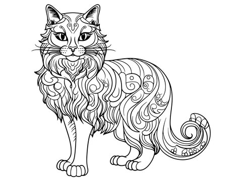 Coloring book on the theme animal pet, cat full length. Vector generative ai, black lines, white