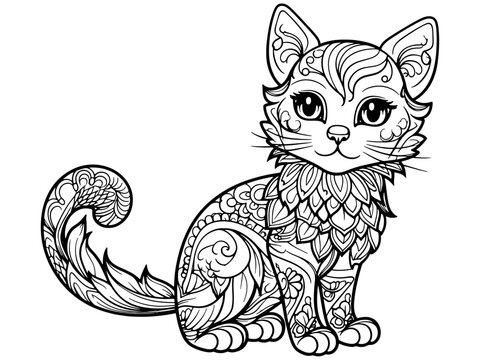 Coloring book on the theme animal pet, kitty full length. Vector generative ai, black lines, white