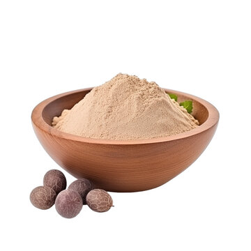 pile of finely dry organic fresh raw monk fruit powder in wooden bowl png isolated on white background. bright colored of herbal, spice or seasoning recipes clipping path. selective focus