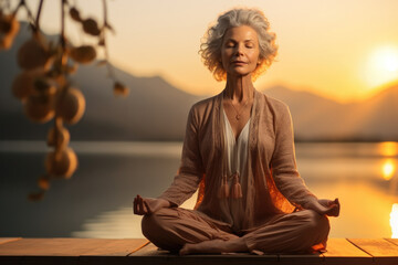 Elderly woman practicing meditation at sunrise, symbolizing peace, mindfulness, and well-being. Concept of mental health and spiritual growth in later years. Generative Ai.