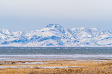 Winter landscape of Antelope Island - the park at Great Salt Lake