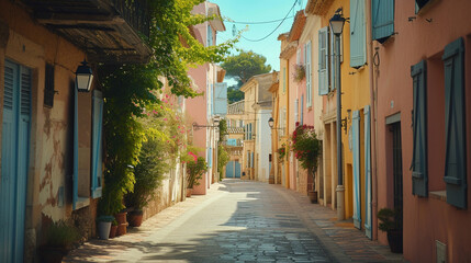 Obraz premium A stroll through the charming streets of Saint-Tropez, hand in hand, highlighting the picturesque beauty of the French Riviera, with space for poetic messages