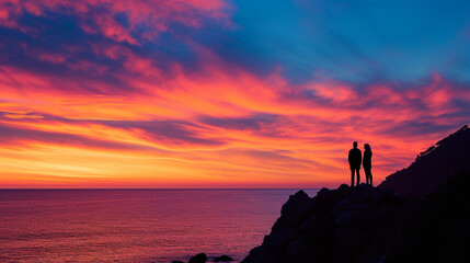 Fototapeta premium A creative composition of a couple's silhouettes against the vibrant colors of a sunrise on the French Riviera, forming a visually striking and romantic scene, with copy space for