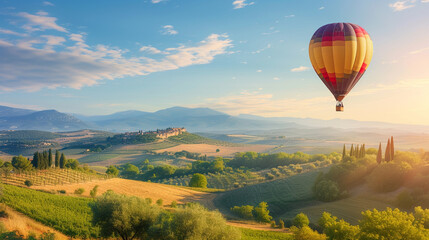 Naklejka premium A couple enjoying a scenic hot air balloon ride over the picturesque landscapes of Provence, creating a dreamy and romantic scene, with copy space for whimsical text