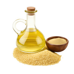 fresh raw organic kodo millet oil in glass bowl png isolated on white background with clipping path. natural organic dripping serum herbal medicine rich of vitamins concept. selective focus
