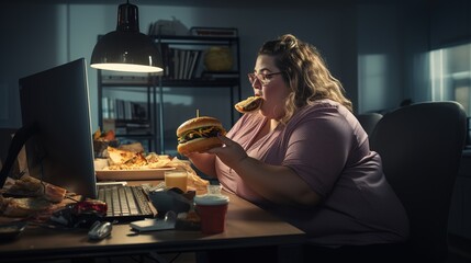 Overweight woman holding hamburger after the delivery man delivers the food home, leftover food on...