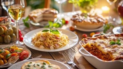 Fototapeta na wymiar A table set with a traditional Italian feast including spaghetti, lasagna 
