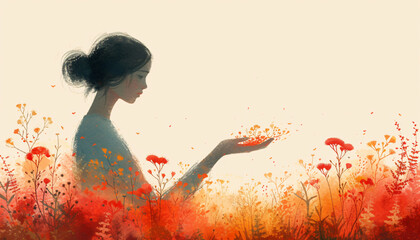 Woman holding a group of leaves receiving concept illustration. 