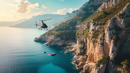 A couple enjoying a private helicopter tour over the breathtaking landscapes of the French Riviera, creating a thrilling and romantic scene, with space for adventurous messages - obrazy, fototapety, plakaty