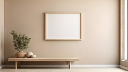 beige room with a white painting, a large window on the side, a bench and a potted plant
