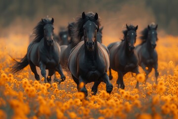 A majestic herd of wild mustang horses galloping freely through a vibrant field of flowers, their manes flowing in the wind as they revel in the beauty of nature