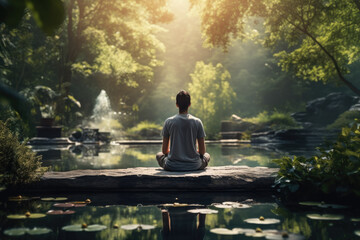 Person meditating in a serene park, finding peace and mindfulness. Concept of stress reduction and mental wellness. Generative Ai.