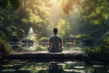 Foto op Canvas Person meditating in a serene park, finding peace and mindfulness. Concept of stress reduction and mental wellness. Generative Ai. © Sebastian