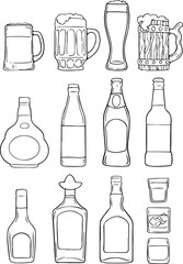 Alcohol beverages, Set of linear hand drawn Sketch Bottles. Collection of different alcohol beverages. Linear vector illustration.