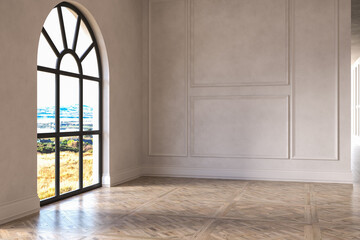 Classic empty room interior with white walls, parquet floor and arch window.