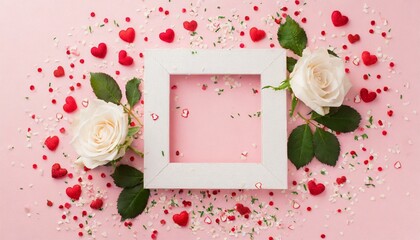 Mother's Day concept. Top view photo of empty square small roses hearts and sprinkles on isolated pastel pink background