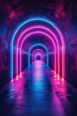 Wallpaper, abstract background neon tunnel with colorful lights, 3d illustration, in the style of geometric, violet and emerald