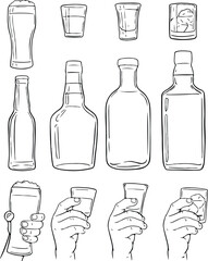 Alcohol beverages, human hands goblet glass alcohol beverages, Set of linear hand drawn Sketch Bottles. Collection of different alcohol beverages. Linear vector illustration.