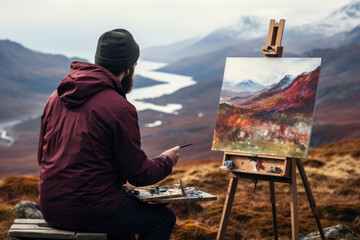 An artist painting a landscape en plein air, capturing the essence of the natural world. Concept of...