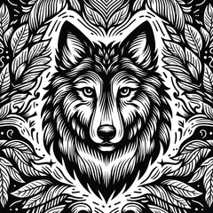 black and white pattern of a wolf, wolf head, abstract, illustration, tattoo art, pattern