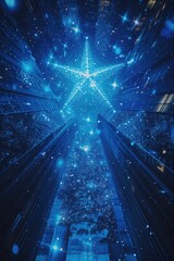Wallpaper, abstract background, the star is blue and there are lights surrounding it, in the style of early computer art, architectural perspectives