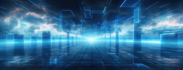 Fototapeta premium Wallpaper, abstract background, a blue light emitting cloud image in a dark background, in the style of grid-like structures