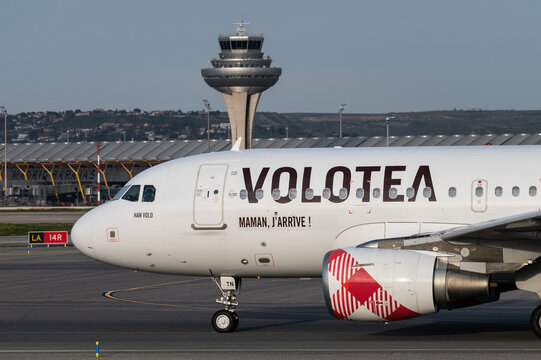 A passenger flight of Volotea in a runway at Adolfo Suarez Madrid Barajas Airport on 29th January of 2024