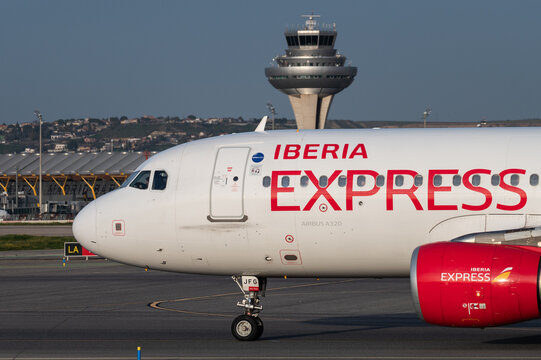 A passenger flight of Iberia Express in a runway at Adolfo Suarez Madrid Barajas Airport on 29th January of 2024